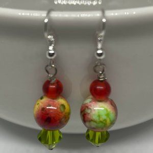Red & Green Watercolor & Crystal Earrings